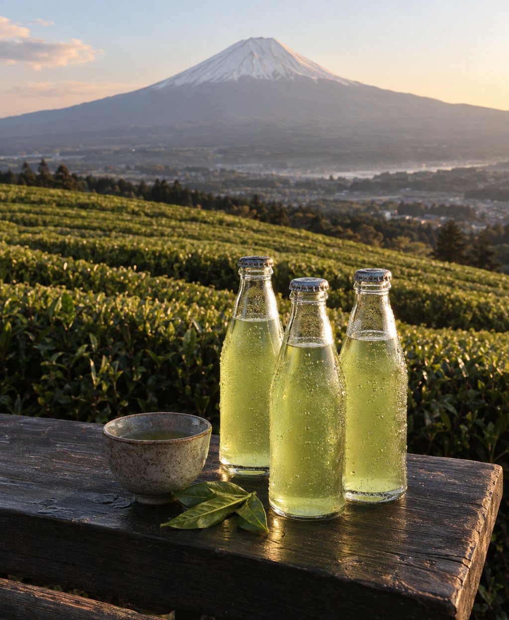 Mount Fuji above green tea fields, with bottles of sparkling green tea on a wooden bench