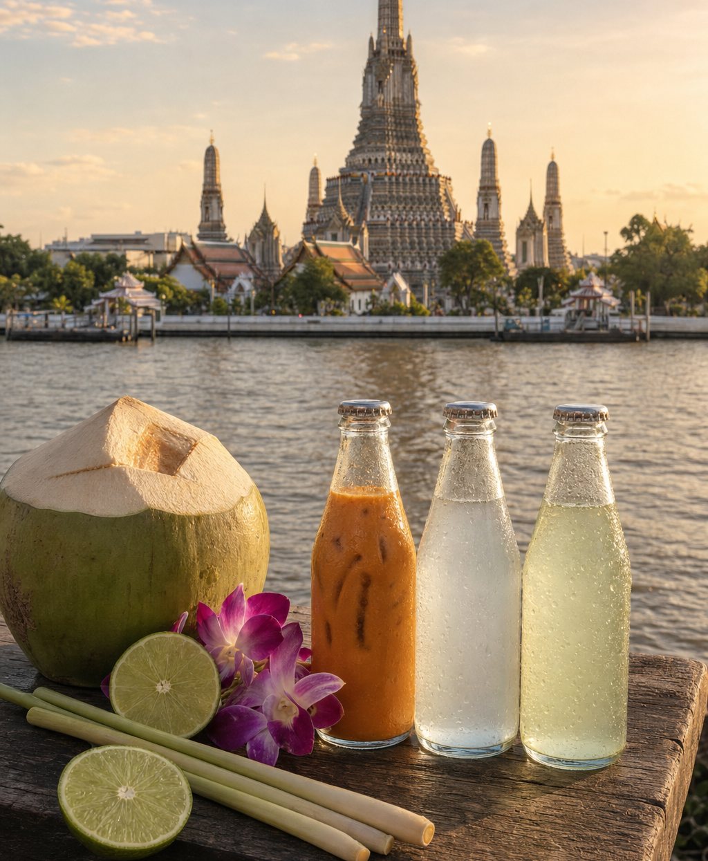 Thai iced tea, coconut water and lemongrass drinks on a riverside table with Bangkok’s Wat Arun in the background