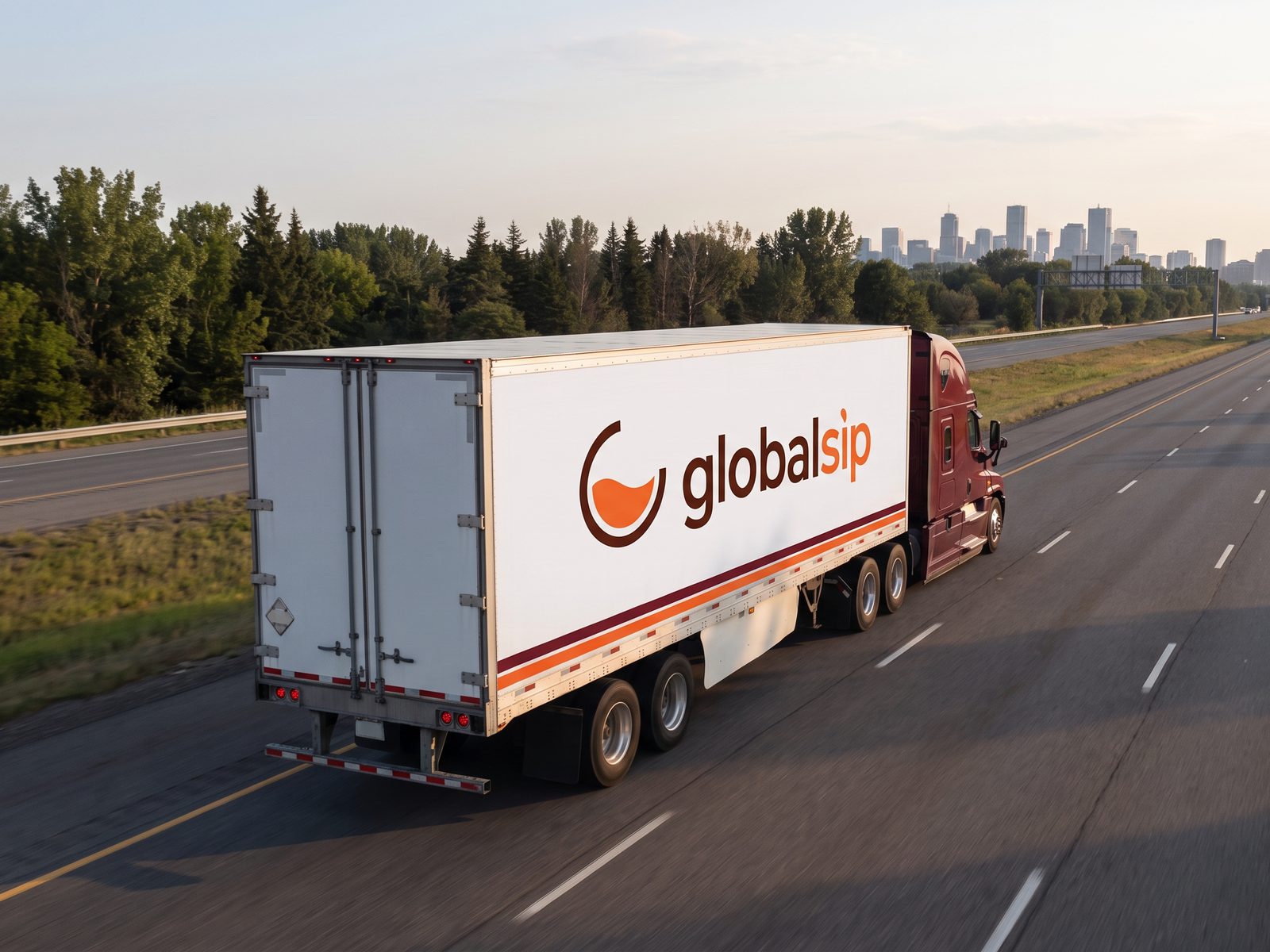 Global Sip truck on the highway into the city